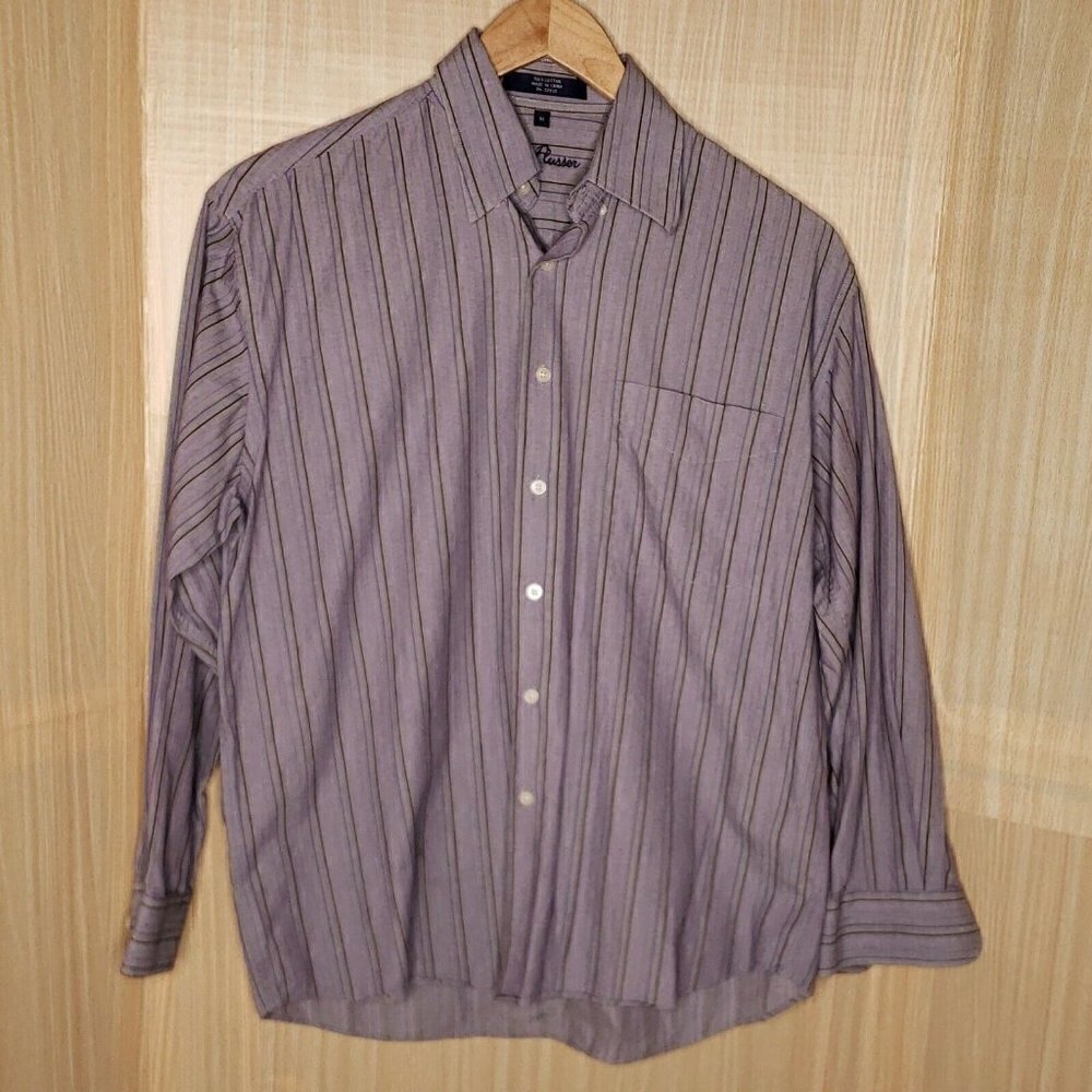 Alan Flusser Mens Grey Purple Striped Long Sleeve Button Down Shirt Medium